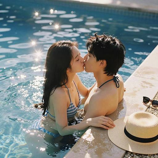 Playful Poolside Bikini Couple Kiss