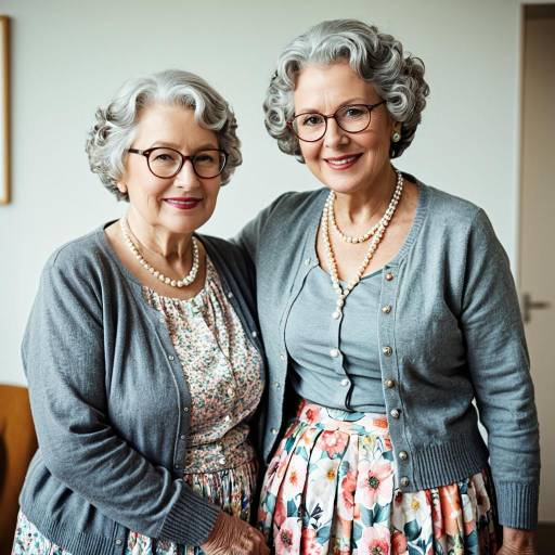 Two Elderly Women in Pastel Cardigans and Floral Skirts