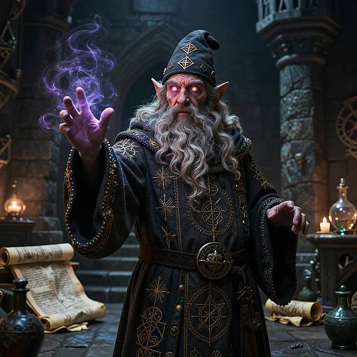 Photorealistic image of a grimacing, elderly wizard with long white beard, black robes, and pointed hat, conjuring purple magic in a dim