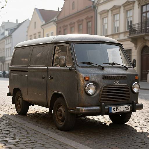 Vintage, weathered black Volkswagen Type 2 van parked on a sunlit cobblestone street in a European town with historic buildings in the background.