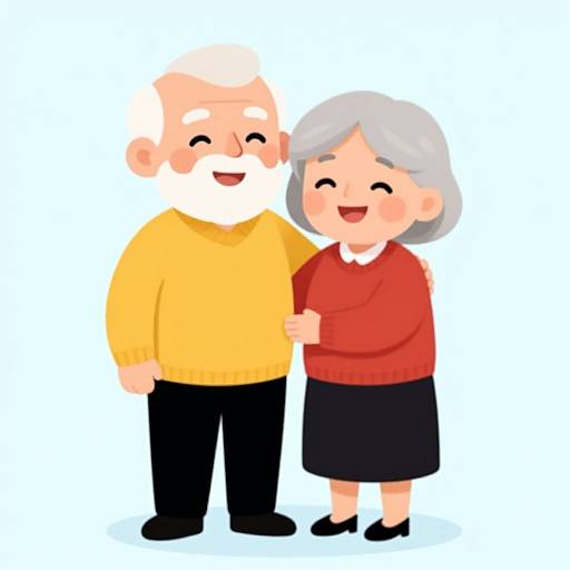 Cartoon illustration of a smiling elderly couple: bald, bearded man in yellow sweater and black pants, gray-haired woman in red sweater and black skirt