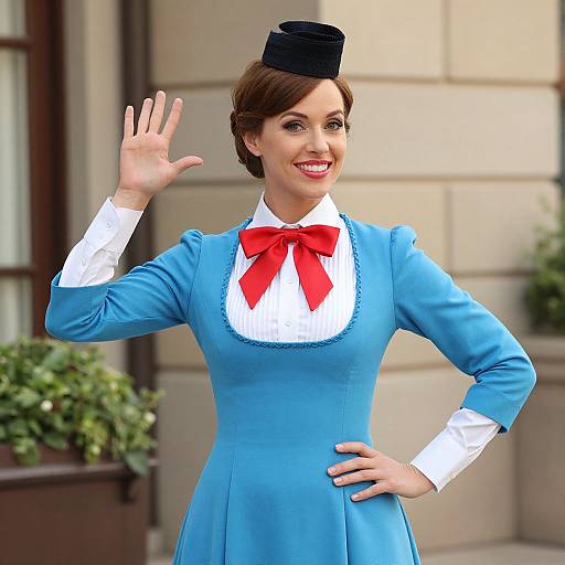 Photorealistic image of a smiling woman in a blue 1950s-style dress with white collar and red bow, waving, wearing a black hat