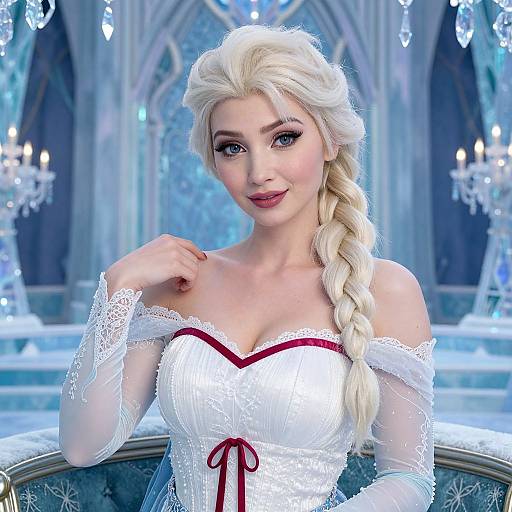 Digital artwork of a blonde, fair-skinned woman with blue eyes, wearing an off-shoulder white lace dress with red accents, in an icy