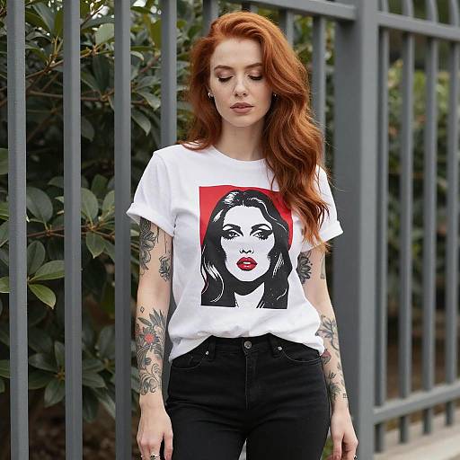 Tattooed Red-Haired Woman by Metal Fence