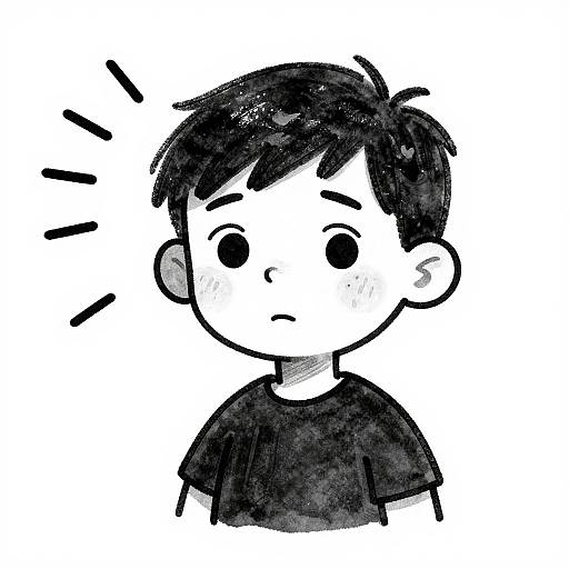 Black-and-white digital drawing of a simple, cartoon-style boy with short, messy black hair, large round eyes, and a neutral expression, wearing a