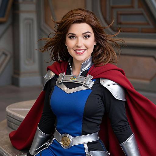Photorealistic digital image of a smiling brunette woman in superhero attire, featuring a red cape, silver armor, and blue bodysuit, standing in