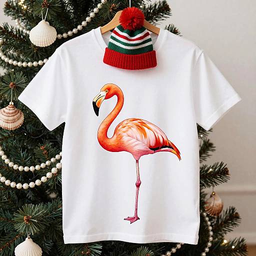 Christmas-themed white t-shirt with vibrant flamingo print, red-and-green striped beanie, hanging on a decorated Christmas tree. Photographic image.