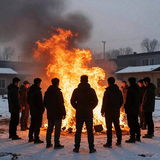 Silhouetted Men Amidst Fiery Chaos