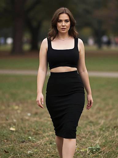 Photograph of a young woman with fair skin, brown hair, wearing a black crop top and high-waisted black skirt, walking in a park