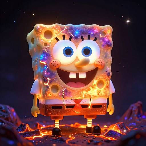 CGI image of glowing, animated SpongeBob SquarePants with a neon, starry-patterned, lava-illuminated face, standing on