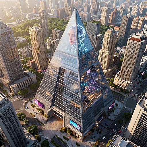 Photorealistic CGI of a cityscape with a reflective, pyramid-shaped skyscraper featuring a holographic face and bright interior lights. Surrounding buildings are