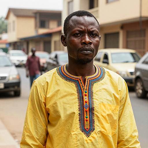 Photograph of a serious-looking, dark-skinned African man in a bright yellow, embroidered traditional shirt, standing on a busy street with blurred vehicles and