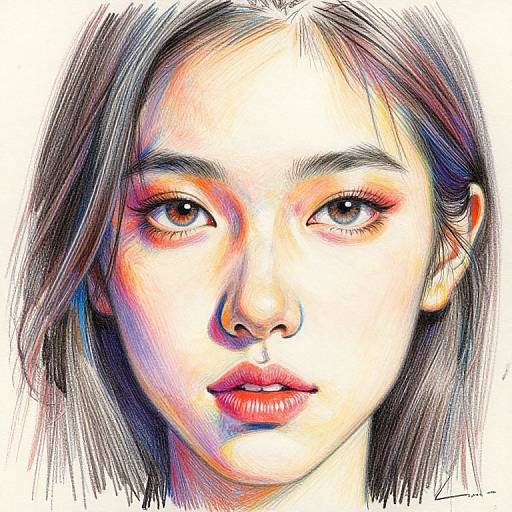 Digital portrait of a young Asian woman with long dark hair, brown eyes, and red lips, using vibrant, colorful, textured strokes. Signature 