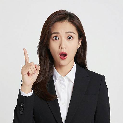 Photograph of an Asian woman with long black hair, wearing a black suit and white shirt, surprised expression, mouth open, pointing index finger upward against