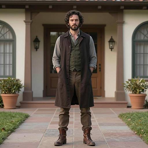 Serious Man in Front of Grand House