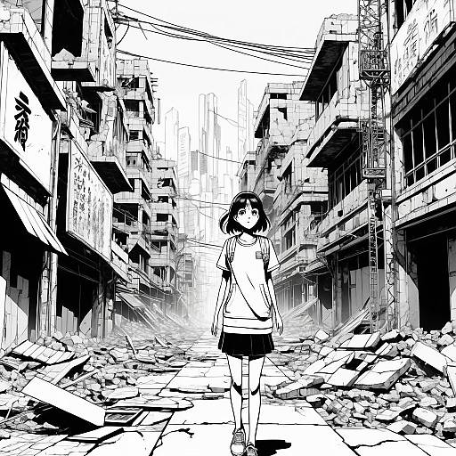 Black-and-white manga-style drawing: lone girl in school uniform stands amidst rubble, surrounded by damaged, towering urban buildings, with debris scattered on the ground