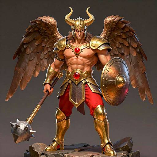 Muscular Angel Warrior with Horned Helmet and Wings