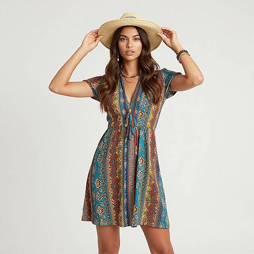 Photograph of a woman with long brown hair wearing a colorful, patterned dress and a straw hat, standing against a plain white background.