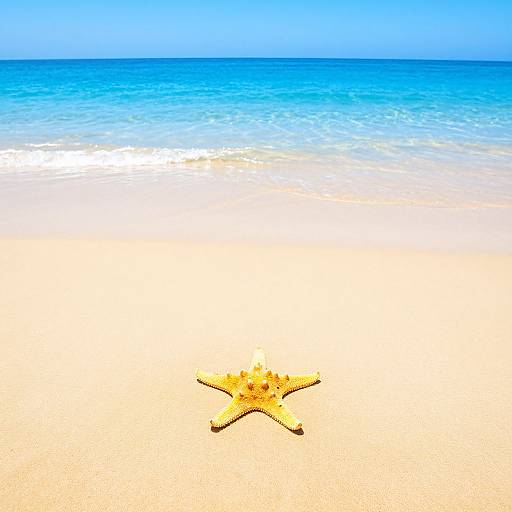 Photograph of a bright yellow starfish on a sandy beach, with clear blue ocean water and a gradient sky from blue to white.