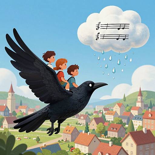 Digital illustration of three children riding a large black crow over a quaint, colorful village with musical notes in a cloud.