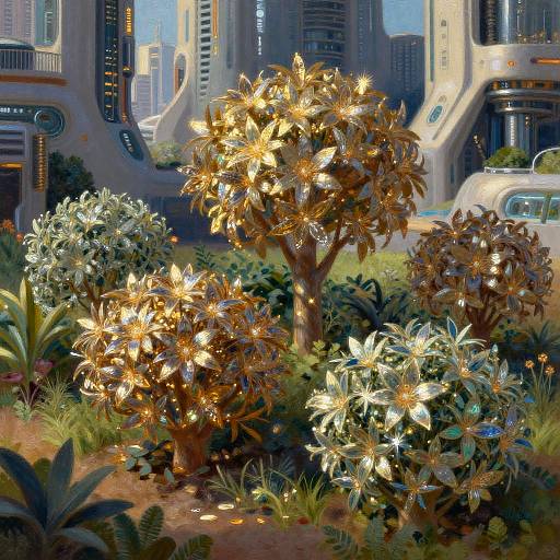 Futuristic Metallic Garden in Golden Light