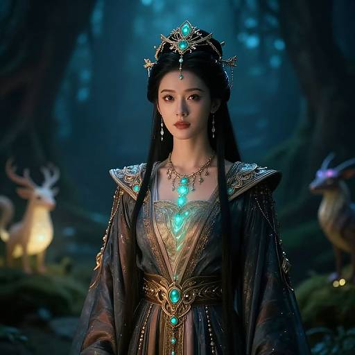 Digital artwork of an ethereal, fair-skinned woman with long black hair, wearing a glowing blue crown and ornate, dark robe, standing in