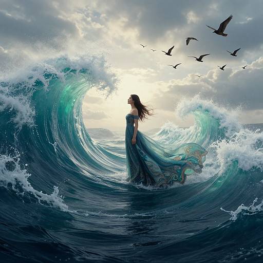 Digital art: Silhouetted woman in flowing blue dress stands in massive ocean wave, surrounded by birds, under cloudy sky. Wave curves dramatically,