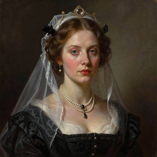 Photorealistic portrait of a fair-skinned woman with brown hair, wearing a black dress, pearl necklace, tiara, and veil, set against