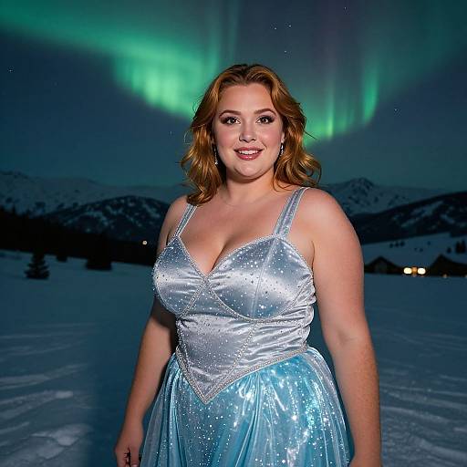 Photograph of a smiling plus-size woman with fair skin and wavy brown hair, wearing a sparkling blue dress, standing in a snowy landscape with green