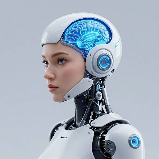 CGI image of a young woman with a futuristic, white and blue robotic head, showcasing a glowing, cybernetic brain, set against a light