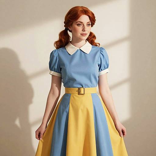 Photograph of a fair-skinned woman with red curls, wearing a blue and yellow dress with white collar and belt, standing against a sunlit white