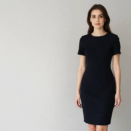 Photograph of a young woman with long brown hair, wearing a black short-sleeve, knee-length dress, standing against a white wall.