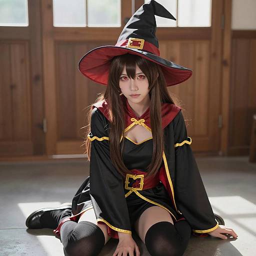 Asian Woman in Red Wizard Costume