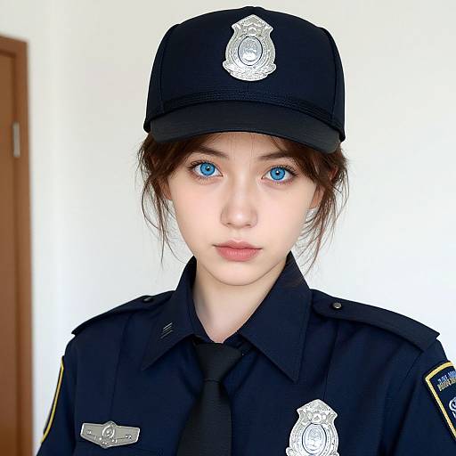 Young Woman in Blue Police Uniform