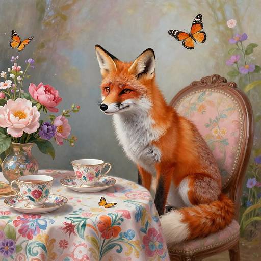 Digital painting of a red fox with white underbelly, sitting on a floral-patterned chair, surrounded by butterflies, flowers, and a colorful te