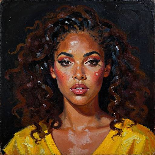 Digital painting of a beautiful, curly-haired woman with dark skin, bright red cheeks, and yellow shirt, gazing intensely forward against a black background.