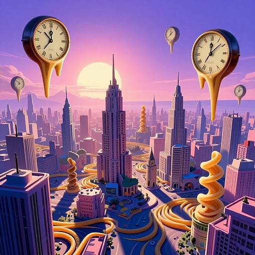 Digital art of a surreal cityscape at sunset, featuring floating clocks, spiral roads, and clock balloons, with towering skyscrapers.