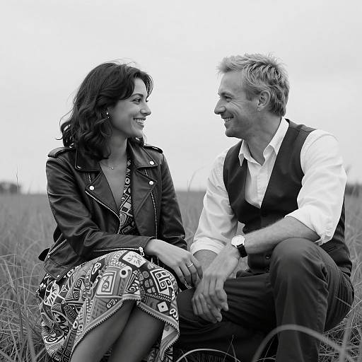 Couple Sitting in Tall Grass Smiling