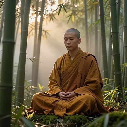Monk Meditating in Bamboo Forest