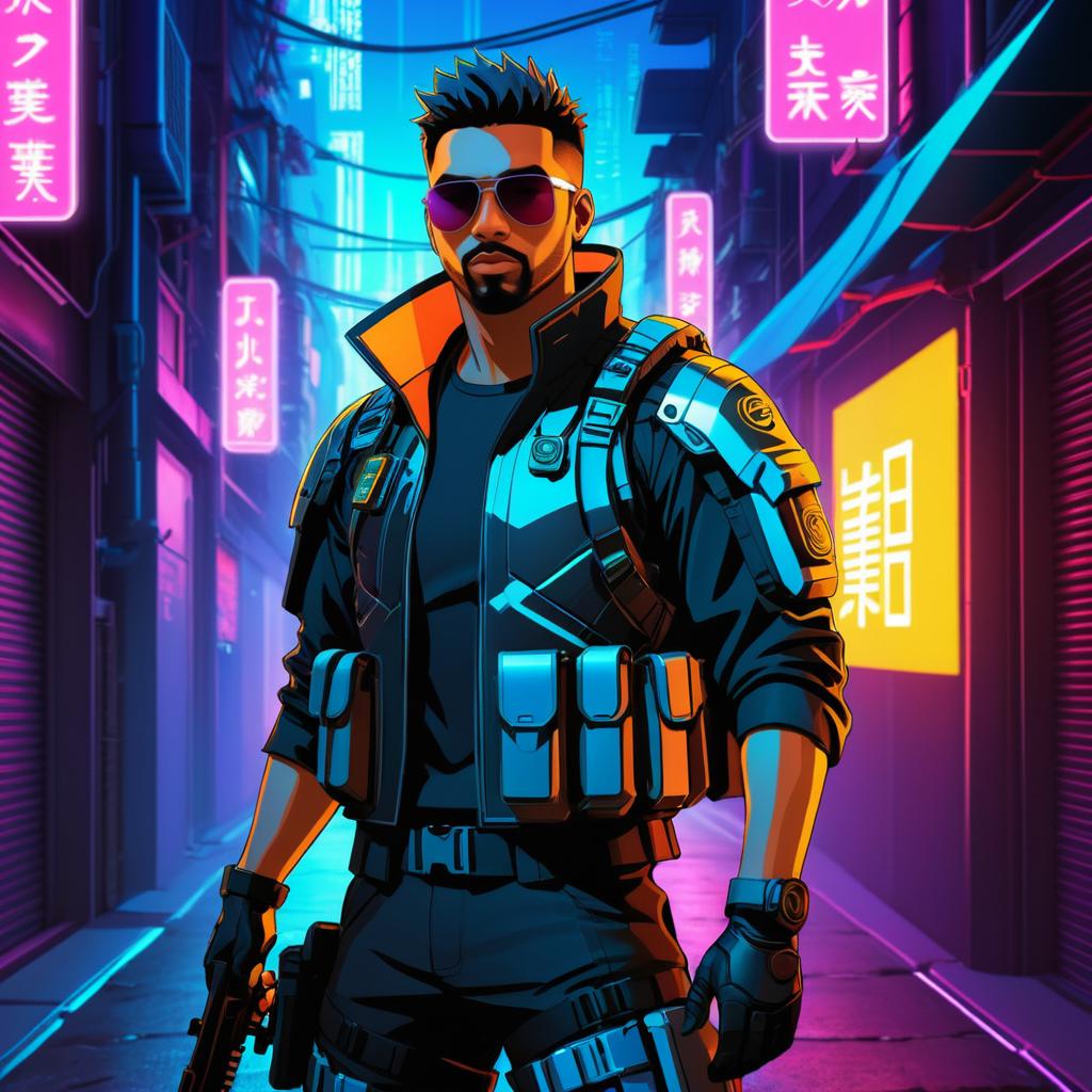 Cyborg Mercenary in Neon Alley