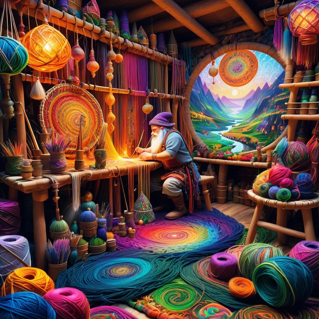 Gnome Weaver in a Dreamlike Workshop