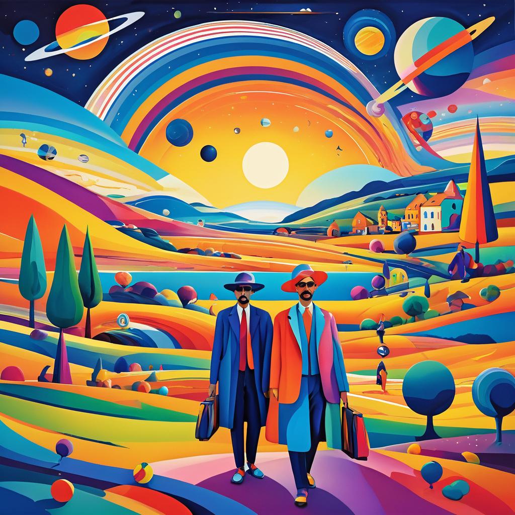 Cosmic Travel Scene with Surreal Characters