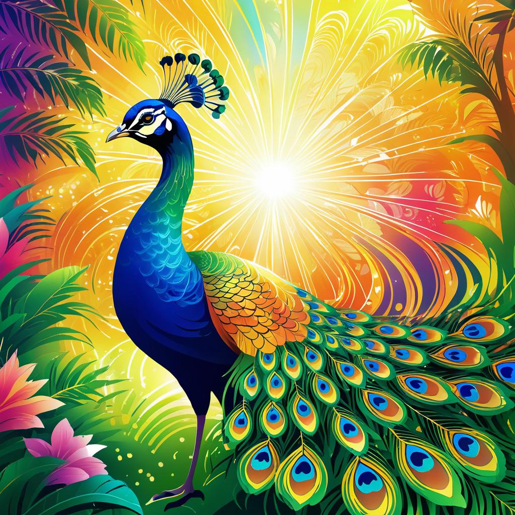 Majestic Cartoon Peacock in Lush Garden