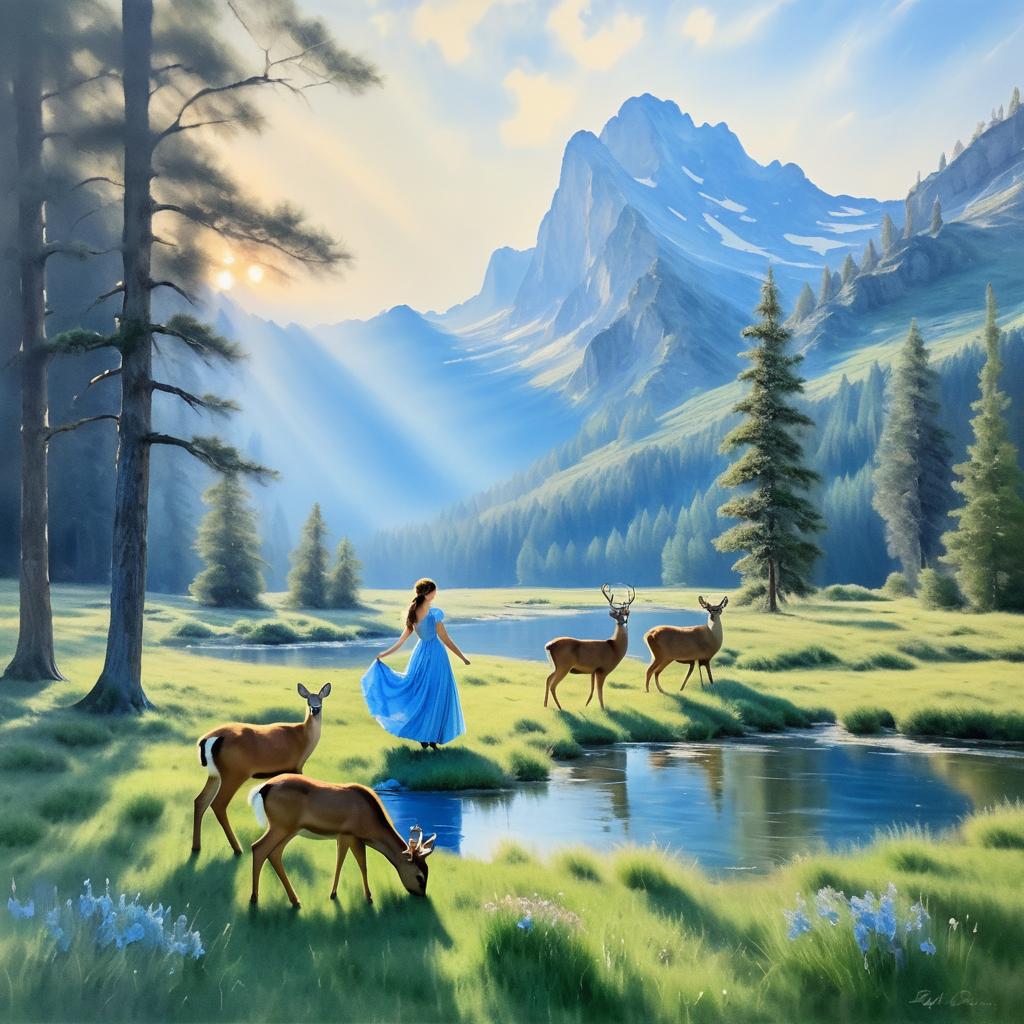 Tranquil Meadow with Deer and Girl