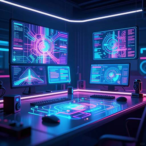 Neon-lit cyberpunk-style gaming setup with four glowing blue and pink holographic screens, keyboard, mouse, and coffee mug on a illuminated desk