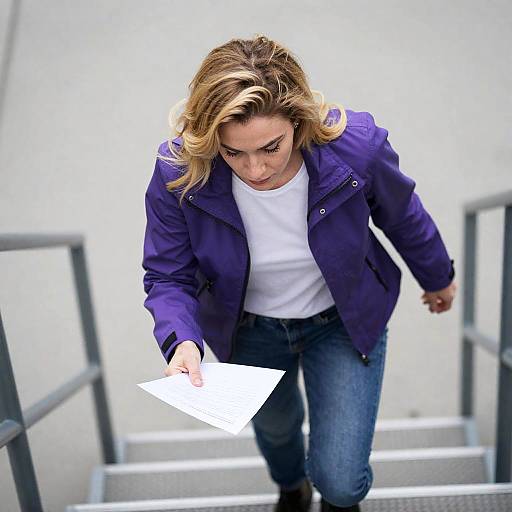 Blonde Woman Climbing Metal Staircase