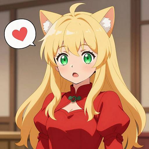 Anime-style digital drawing of a cute blonde catgirl with green eyes, wearing a red dress, and a speech bubble with a heart. Background is a