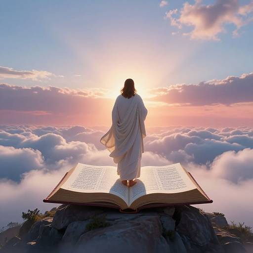 Photograph of a person in a white robe standing on a rock, overlooking a sunset sky with clouds, above an open, glowing book.