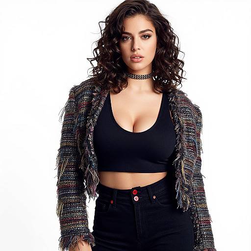 Photograph of a curly-haired woman with fair skin, wearing a black choker, crop top, and textured jacket over high-waisted black pants