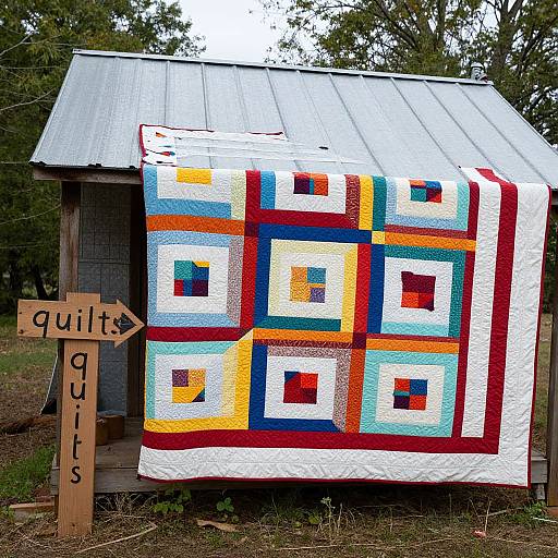 Colorful quilt with geometric patterns draped over a rustic metal-roofed shed, sign reading 